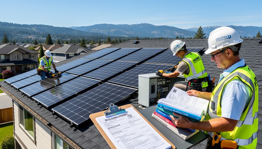 Solar panel installer working on residential roof installation in Kelowna