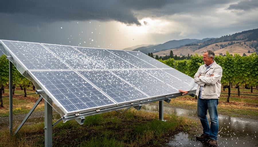 Okanagan vineyard with solar panels on winery building surrounded by grape vines and mountains