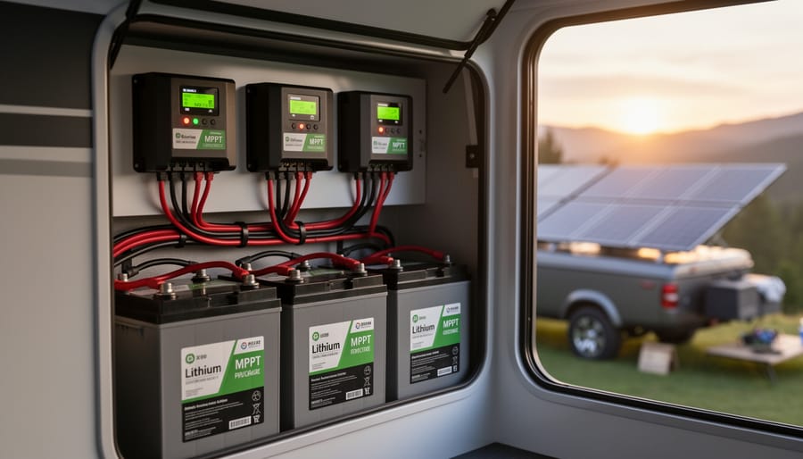Lithium battery bank and MPPT charge controller components for RV solar system
