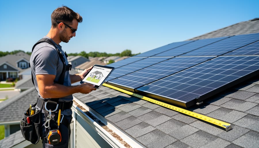 Solar installer measuring panel dimensions with tape measure on rooftop
