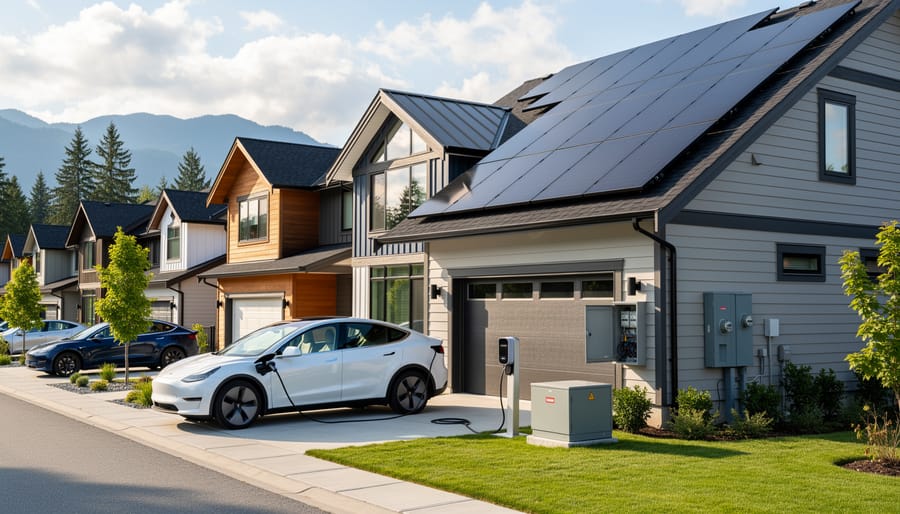 BC residential home with solar panels on roof and EV charger on garage wall