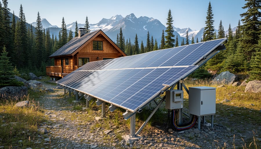Small cabin with solar panels surrounded by British Columbia forest