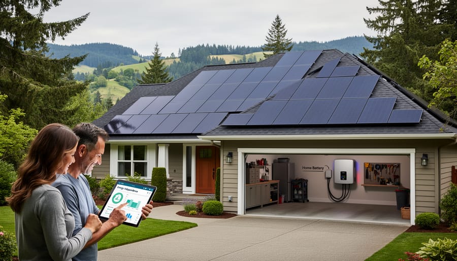 Residential home with rooftop solar panel installation and battery storage unit