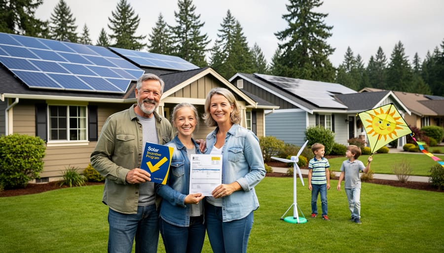 Family standing proudly in front of their solar-powered home