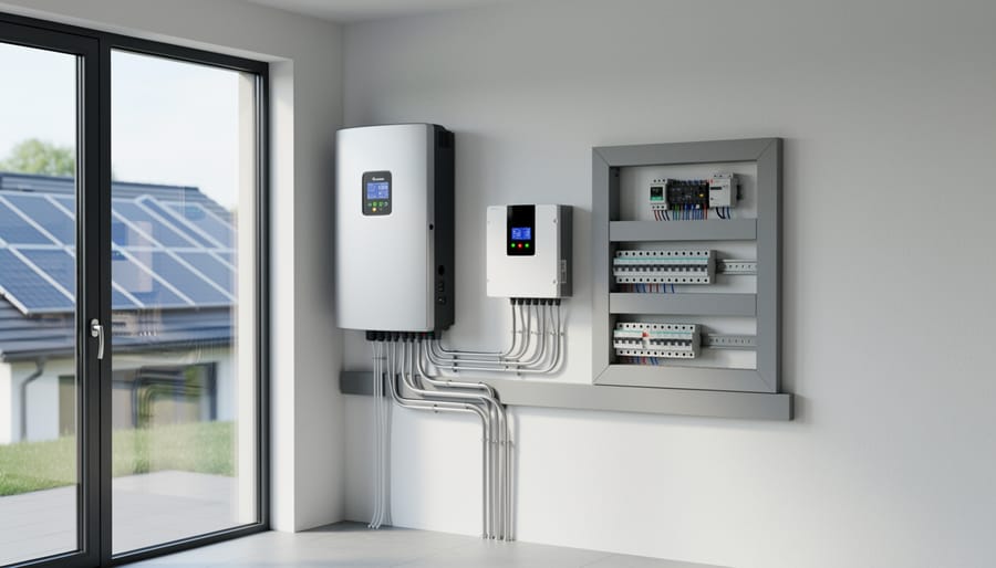 White residential battery storage system mounted on garage wall next to electrical panel