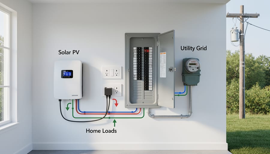 Open residential electrical panel showing circuit breakers and bus bars
