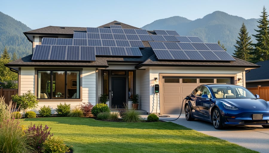 Home solar panel system with electric vehicle charger mounted on residential garage