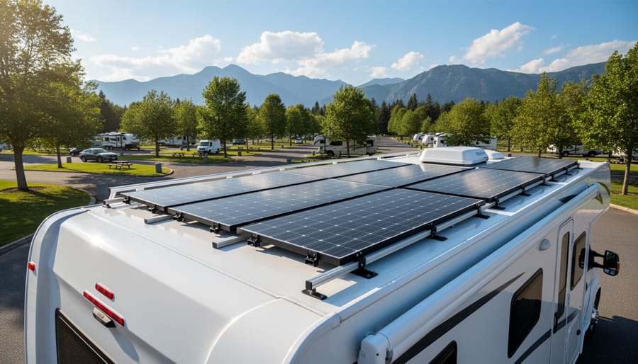 Close-up of rigid monocrystalline solar panels mounted on RV rooftop