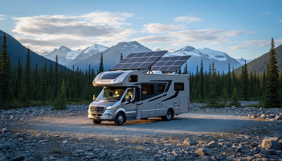 RV with solar panels on roof parked in beautiful British Columbia mountain wilderness campsite
