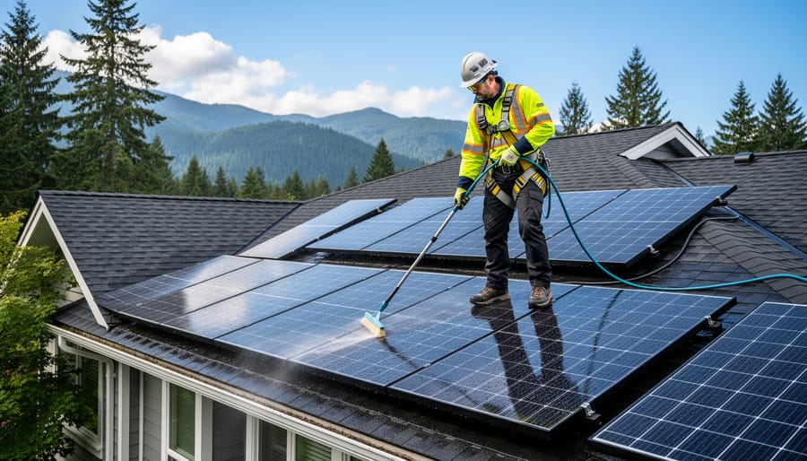 Homeowner wearing safety harness cleaning solar panels on residential roof with mountains in background