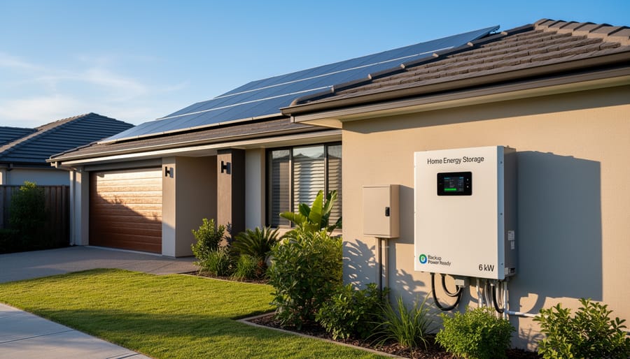 Home battery storage unit installed in residential garage with solar system equipment