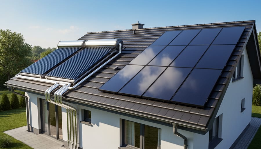Solar thermal collectors and photovoltaic panels installed side by side on residential roof