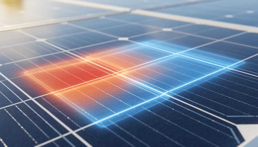 Close-up detail of monocrystalline solar panel cells showing silicon structure