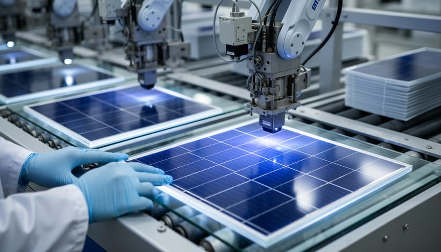 Monocrystalline solar cell wafer showing blue surface and electrical grid pattern