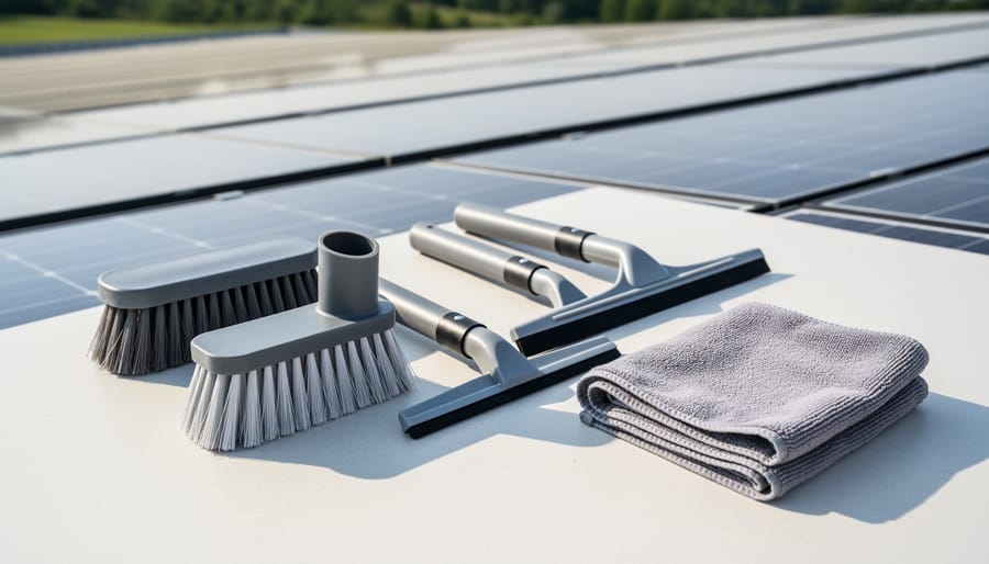 Solar panel cleaning tools including soft brush, squeegee, microfiber cloth and spray bottle arranged on panel surface