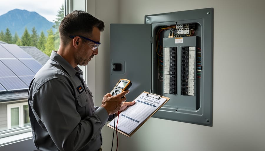 Electrician consulting with homeowners about electrical panel assessment