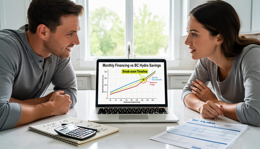 Person reviewing electricity bill with solar panels visible in background reflection