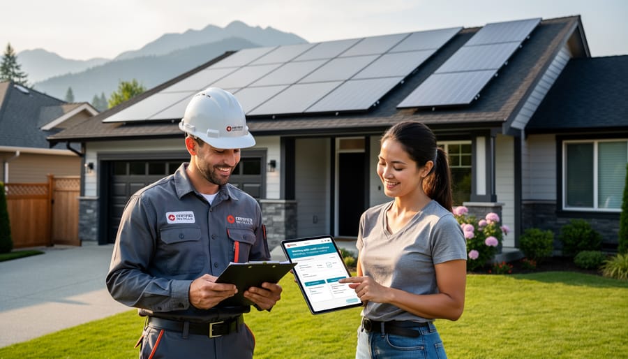 Solar installer and homeowner shaking hands with solar panel installation visible in background
