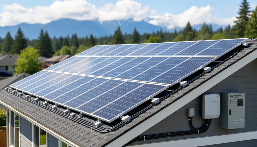 Array of solar panels connected in series on residential rooftop in British Columbia