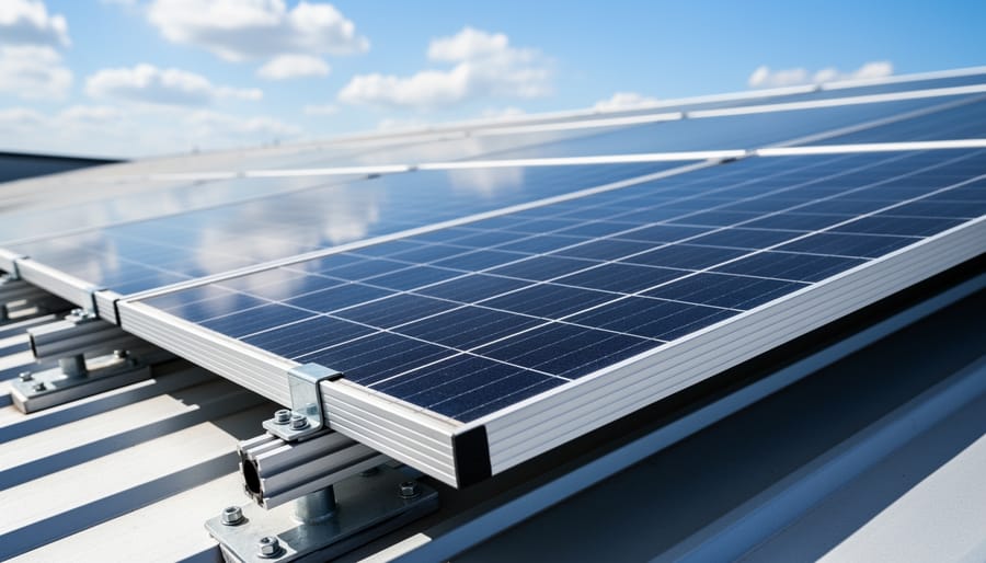 Close-up of solar panel surface showing individual photovoltaic cells and gridlines
