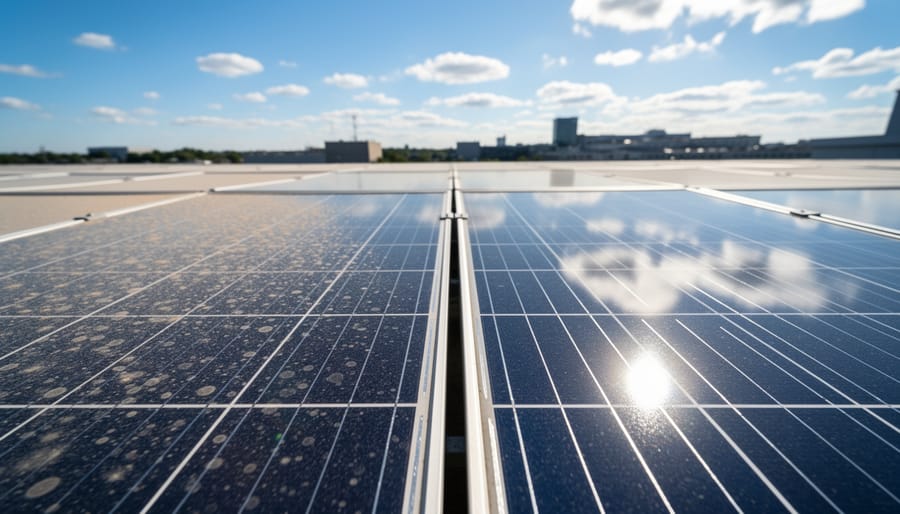 Close-up of solar panel surface showing water droplets and dust particles