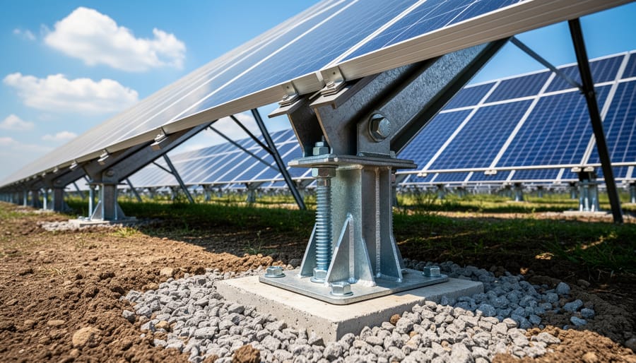 Close-up of ground screw foundation and mounting frame for solar panel installation