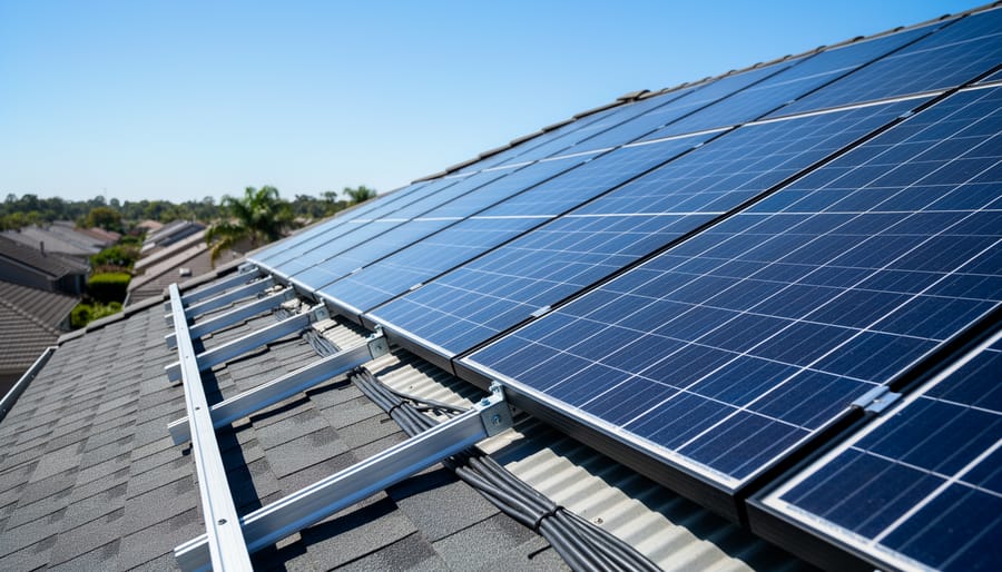 Solar panel installer working on properly ventilated rooftop mounting system