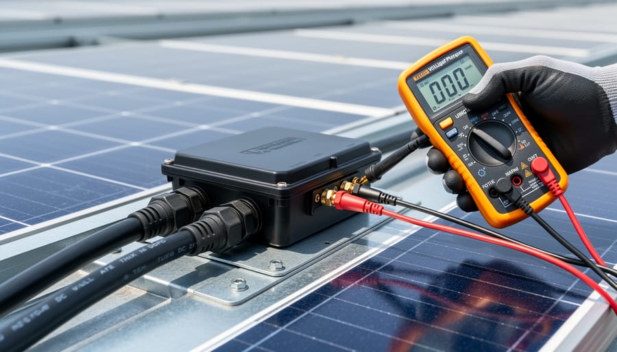 Close-up of solar panel junction box showing electrical terminals and wire connections