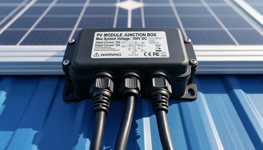 Close-up of solar panel junction box showing electrical connections and technical specifications