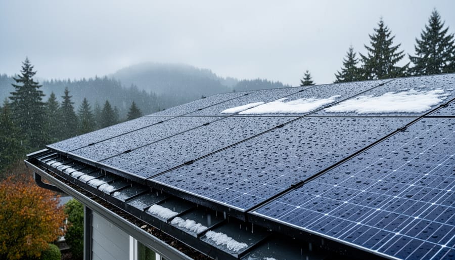 Close-up of solar panel with rain and snow showing weather performance