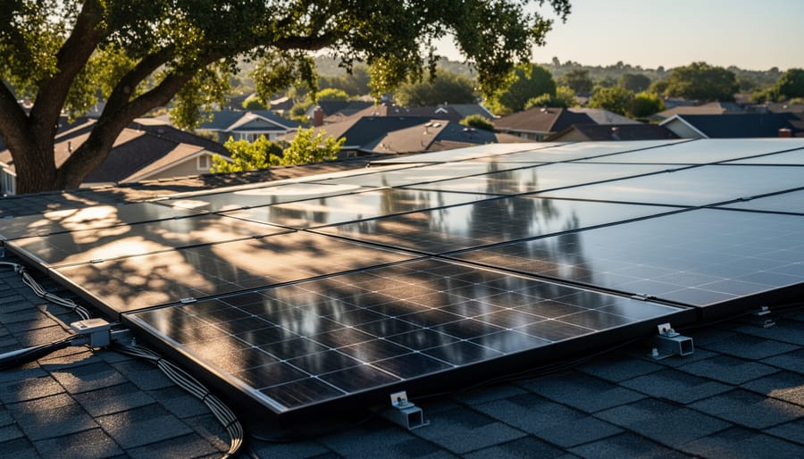 Solar panels on residential roof with partial tree shading casting shadows across panels