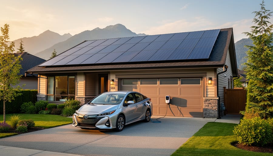 Residential home with rooftop solar panels and plug-in hybrid car in driveway