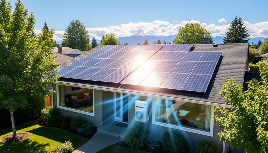 Close-up of residential solar panel array on rooftop with sunlight