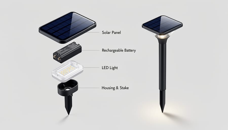 Close-up of illuminated solar pathway light showing solar panel and LED components at dusk
