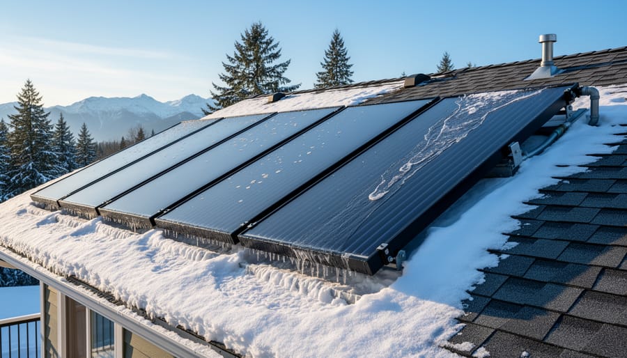 Snow-covered solar pool heater panels on residential roof during BC winter