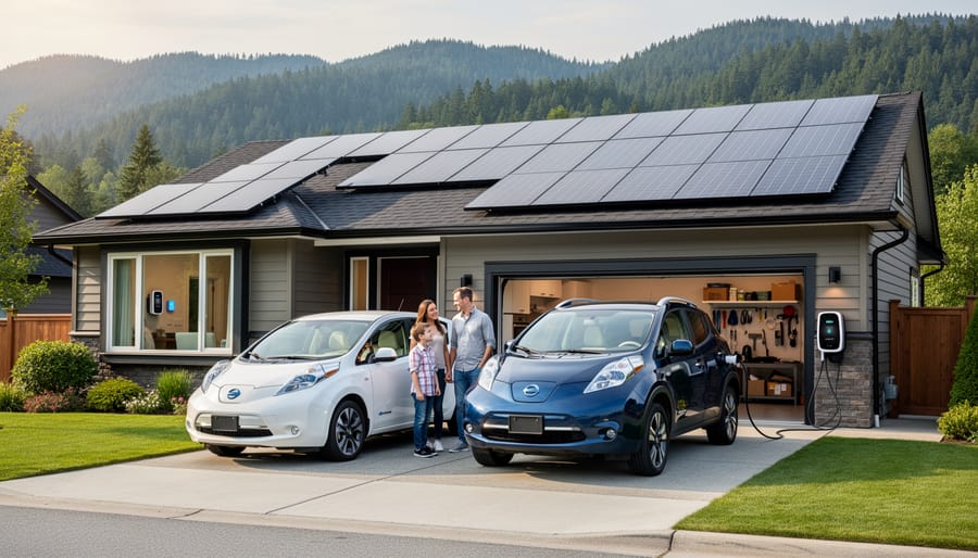 Home with rooftop solar panels and electric vehicle parked in driveway