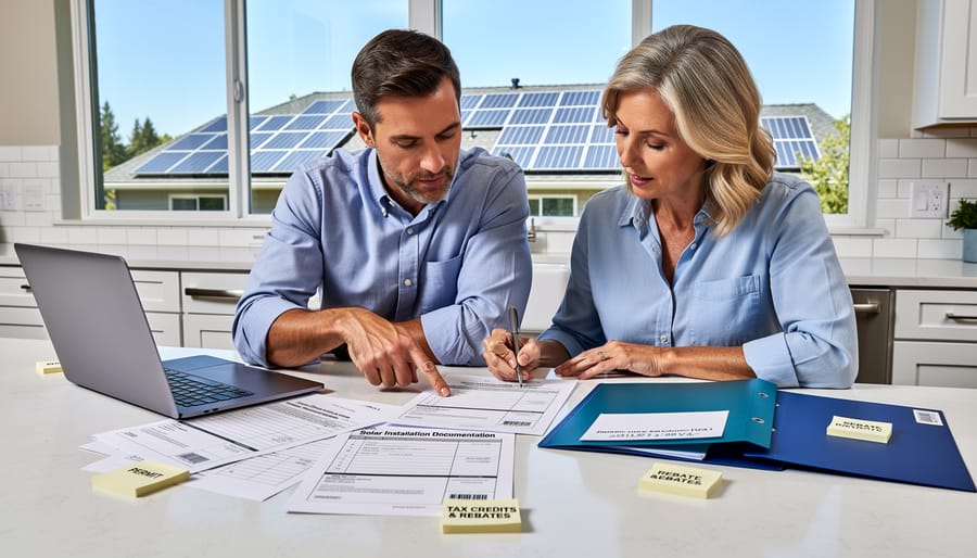 Organized folder with solar installation documents and receipts on desk