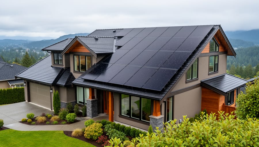 Tesla solar panels mounted on residential roof with BC mountains in background