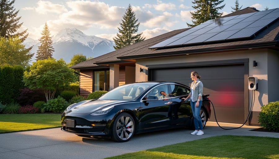 Tesla electric vehicle charging at home with solar panels on garage roof