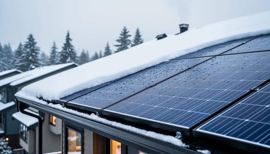 Solar panels with light snow coverage during winter in British Columbia