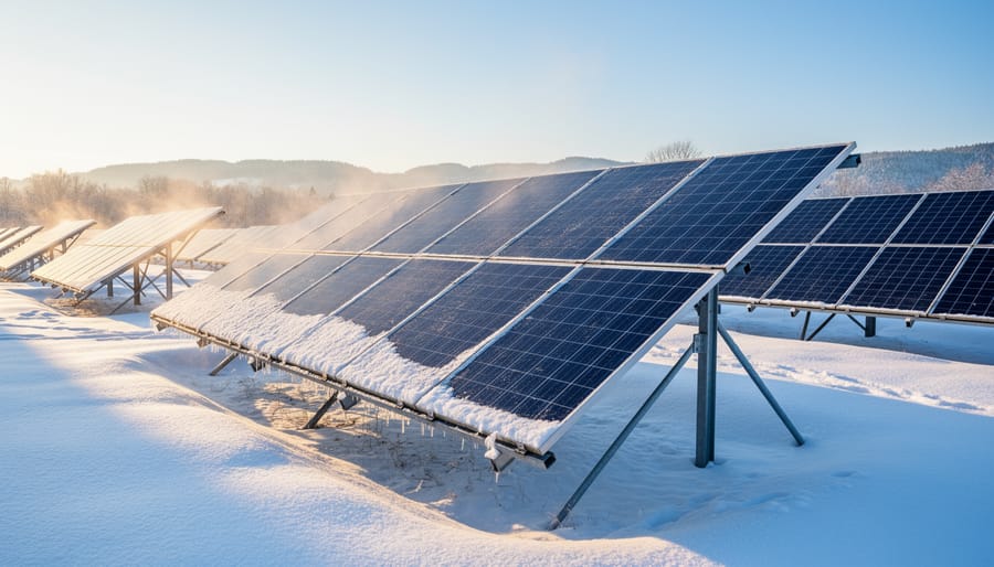 Snow-covered solar panels on residential roof under bright blue winter sky