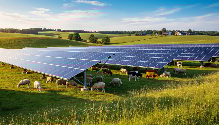 Sheep grazing under solar panel array in dual-use agricultural installation