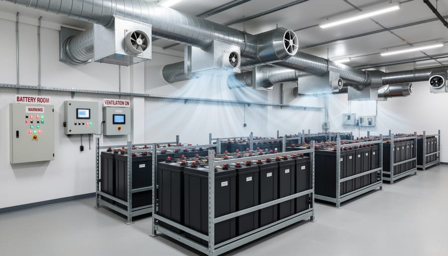 Industrial ventilation fan mounted on wall in battery storage room