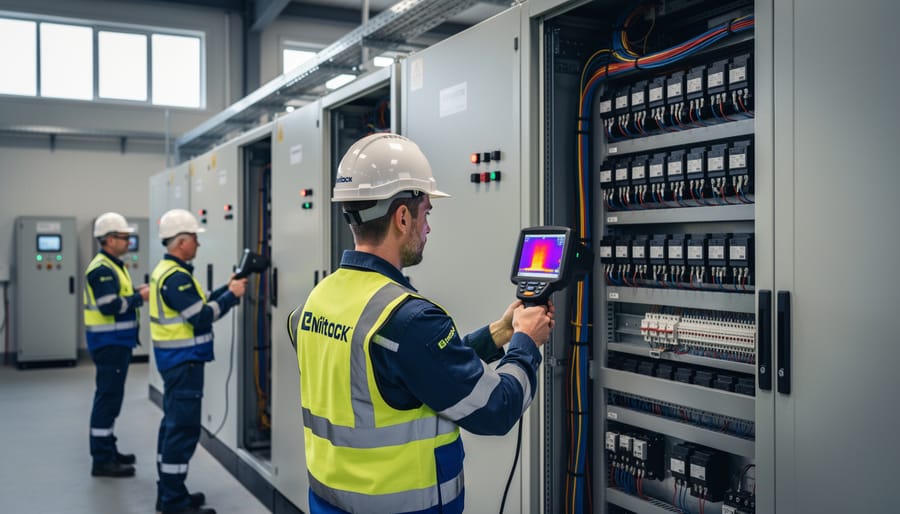 Technician using thermal imaging device to check battery storage system temperature