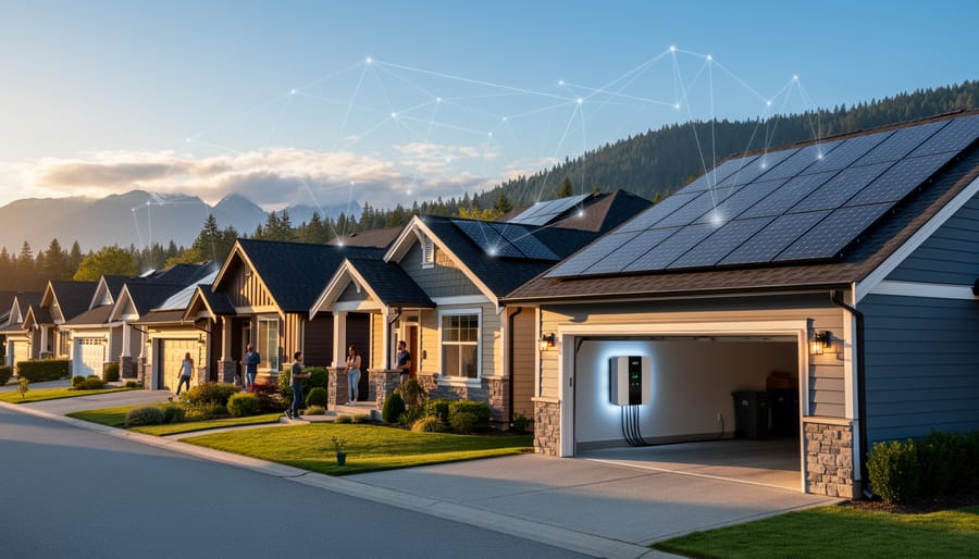 BC residential neighborhood with multiple homes equipped with solar panel systems