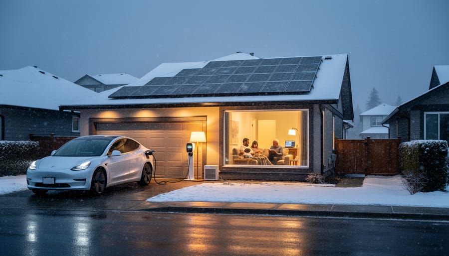 Family at their home during winter evening with lights on during power outage