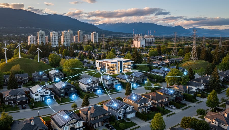 Aerial view of electrical substation and transmission infrastructure in BC