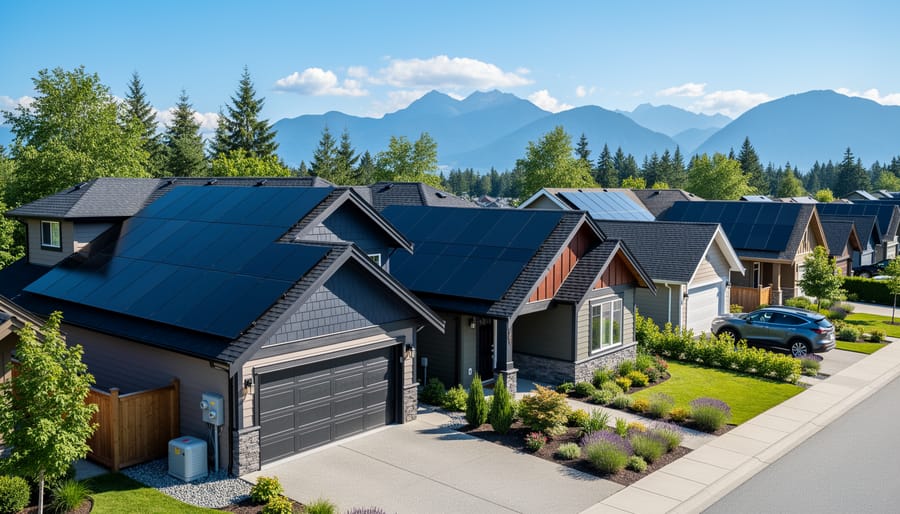 Residential home with rooftop solar panel array installed with mountains in background