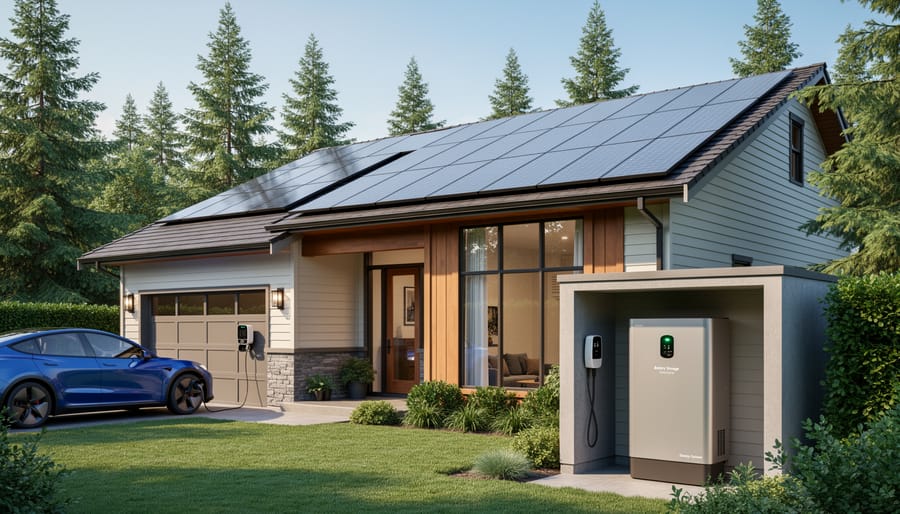Modern British Columbia home with solar panels on roof and battery storage unit on exterior wall