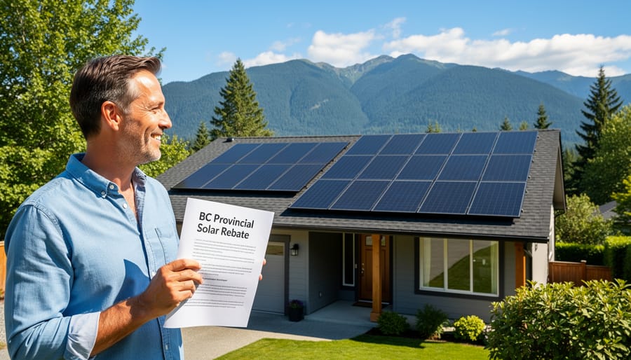 Happy BC family standing in front of home with solar panels installed on roof